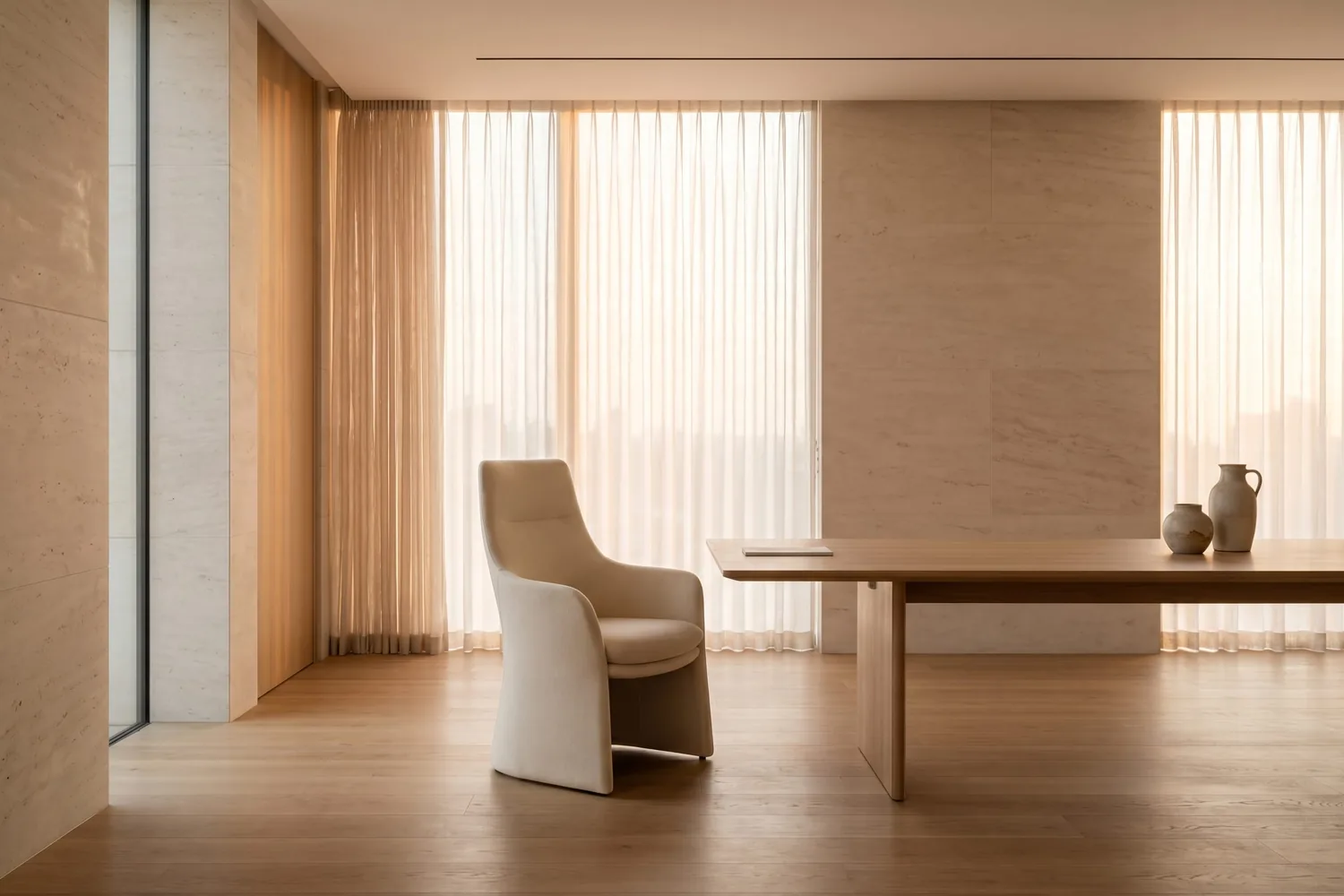 A calm, light-filled executive interior with a single chair and a long timber table